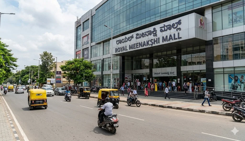 Exterior view of Royal Meenakshi Mall on Bannerghatta Road featuring Cinepolis multiplex, hypermarkets, and international retail brands.